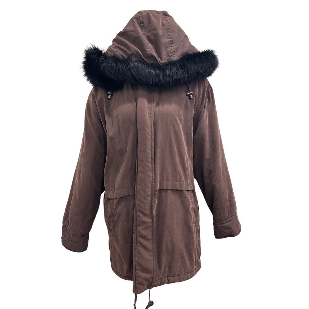 VTG‎ 90s Albert Nipon Brown Parka Coat Fox Fur Hood Medium Retro Heritage Preppy